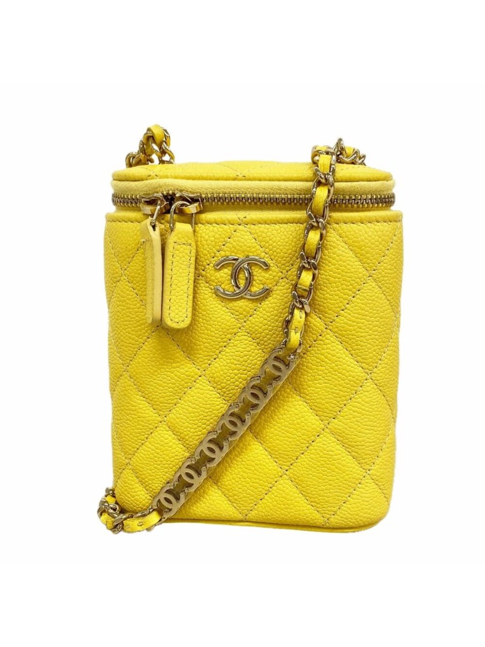 Chanel Shoulder Bag Quilted Caviar Leather Yellow Champagne Gold